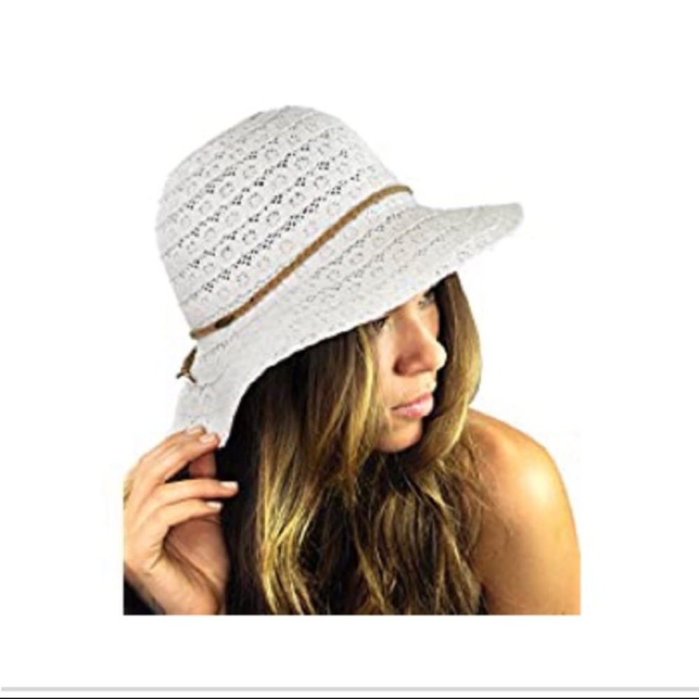 NEW Chic White Shade Hat - Brim Round Top Leather Band Summer Sun Hat - NWOT